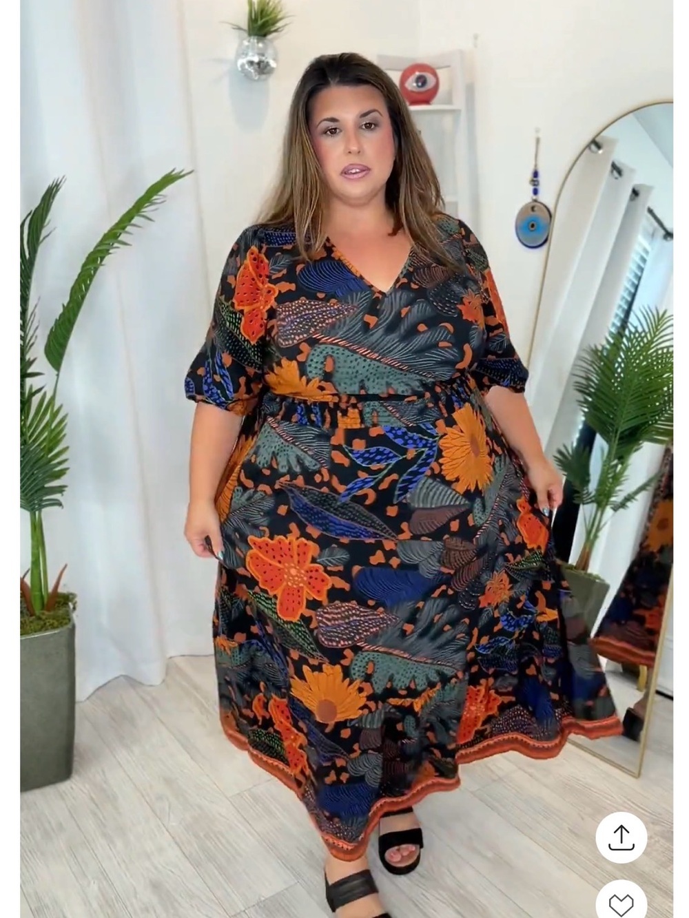 Plus Black Boho Floral Maxi Dress with Orange & Blue Accents